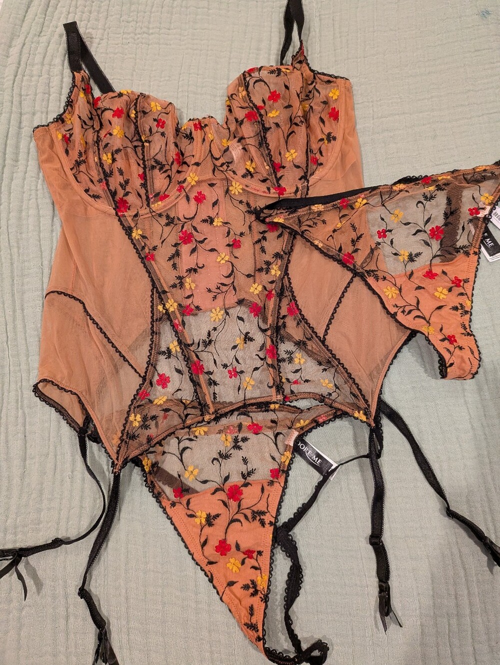 Adore Me Peach & Black Sheer Bustier wm+ 2 Matching Thongs 40DD / 2X